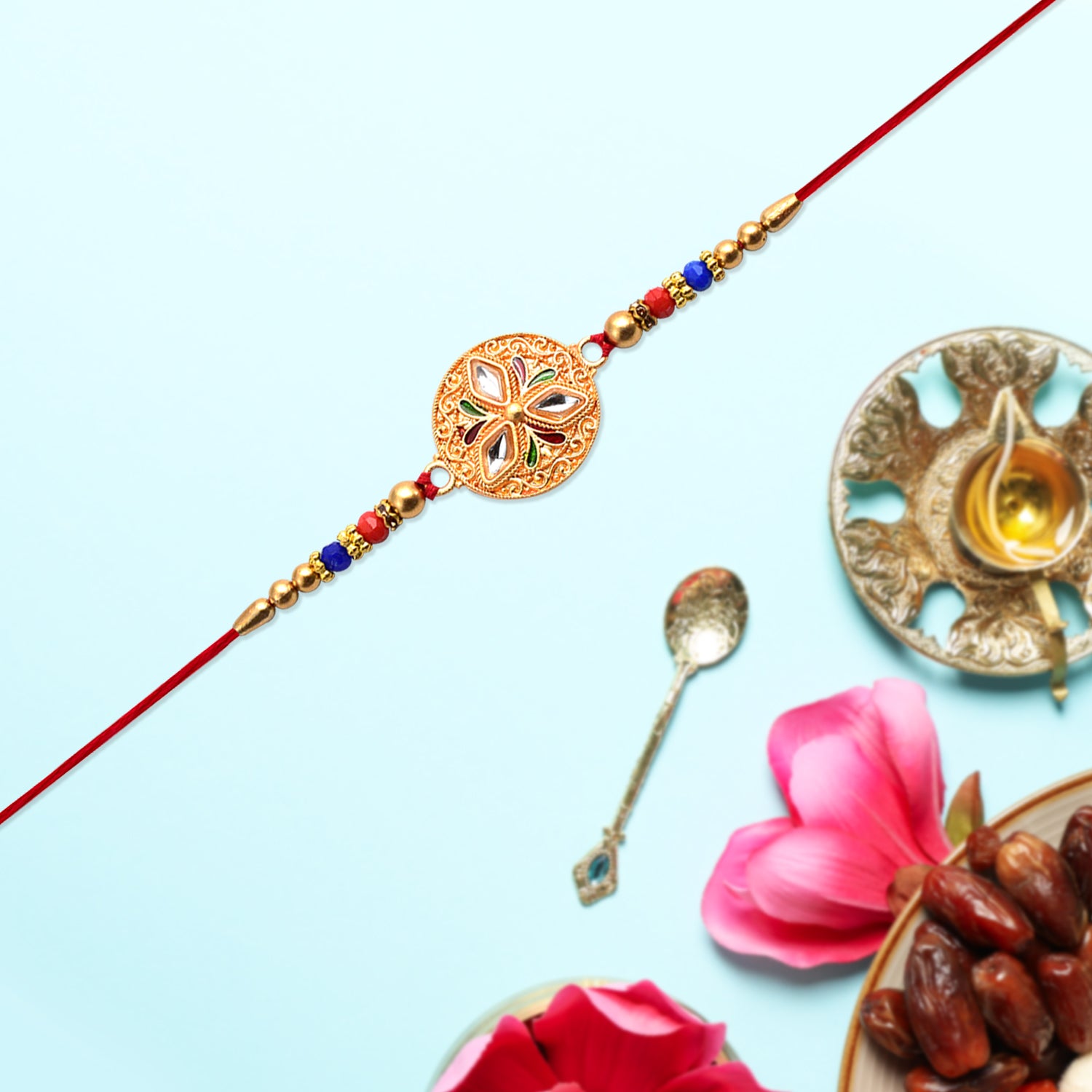 Elegant Meenakari Floral Rakhi With Colorful Beads  Golden Detailing Elegant Meenakari Floral Rakhi With Colorful Beads  Golden Detailing